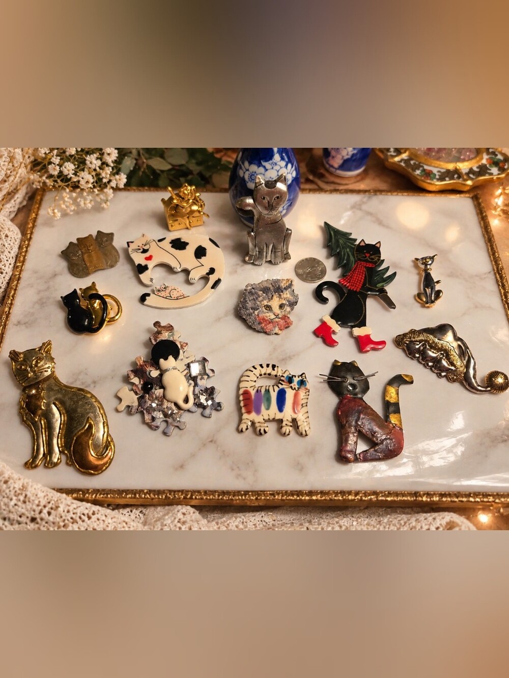 Vintage Cat Brooch Lot of 13 – Mixed Metal, Enamel & Whimsical Feline Pins